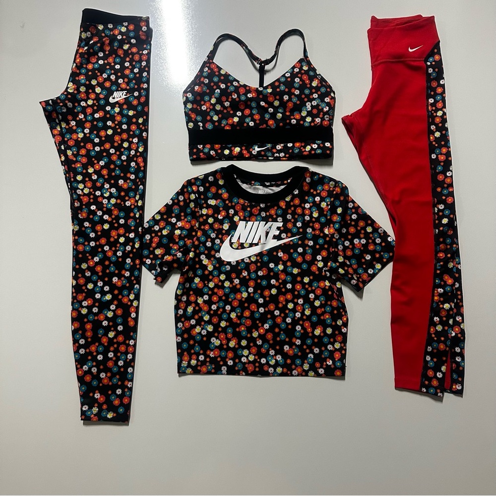 Nike work out orange/floral bundle/set 2 tights/sports bra/shirt size xs/s